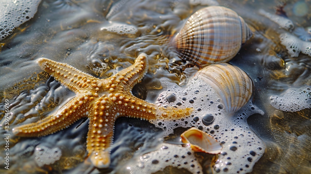 Starfish and Seashells on Summer Beach in Clear Water Starfish and Seashells on Summer Beach in Clear Water