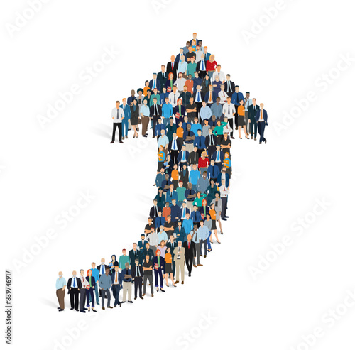 Ensemble de personnages, foule de gens regroupés et formant une flèche indiquant une direction. Illustration vectorielle sur fond blanc. Symbole de croissance.