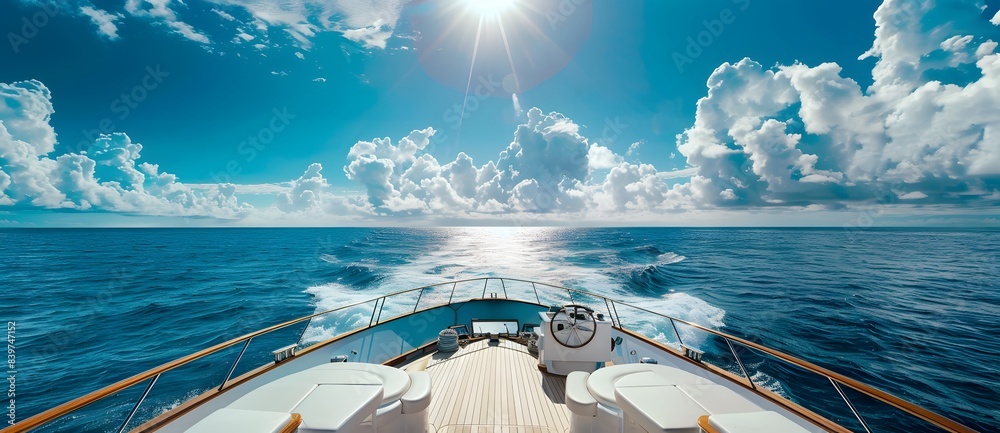 Front view from a yacht sailing in the middle of the ocean under a ...