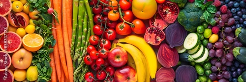 Colorful assortment of fresh fruits and vegetables  beautifully organized in a gradient pattern  ideal for food  diet  and wellness-related content