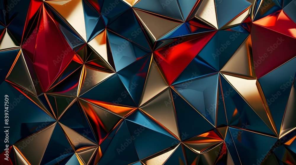 3D Triangular Shapes in Red, Blue, and Gold Colorful Geometric Pattern on Textured Background, Highlighting Intricate Reflections and Depth 3D Triangular Shapes in Red, Blue, and Gold Colorful Geometric Pattern on Textured Background, Highlighting Intricate Reflections and Depth