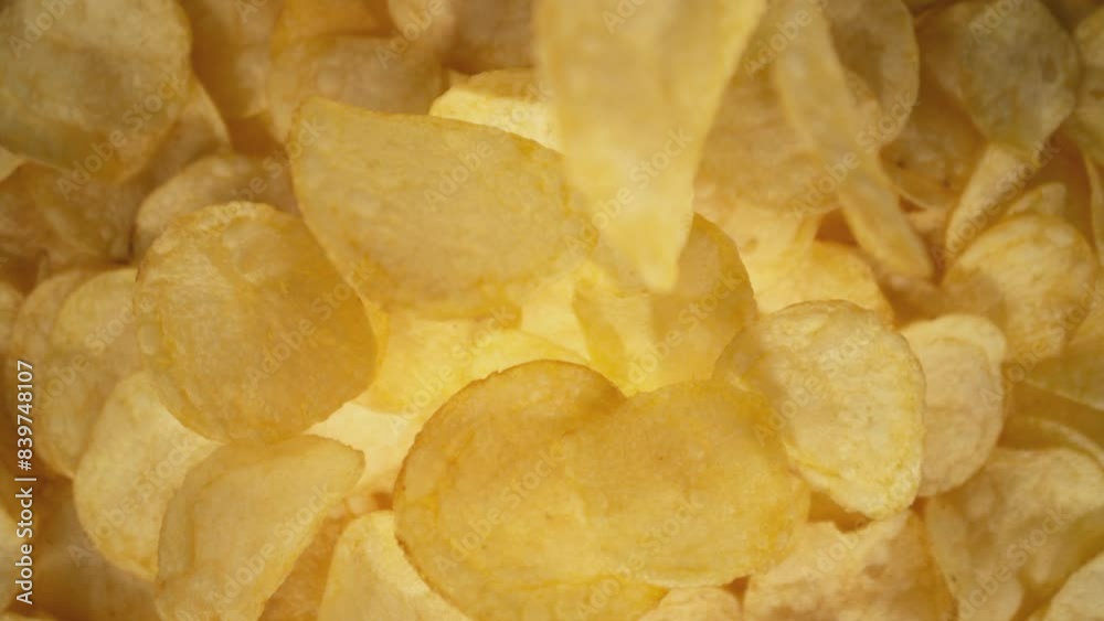Super Slow Motion Shot of Falling Potato Chips Followed by Camera at 1000 fps. Super Slow Motion Shot of Falling Potato Chips Followed by Camera at 1000 fps.