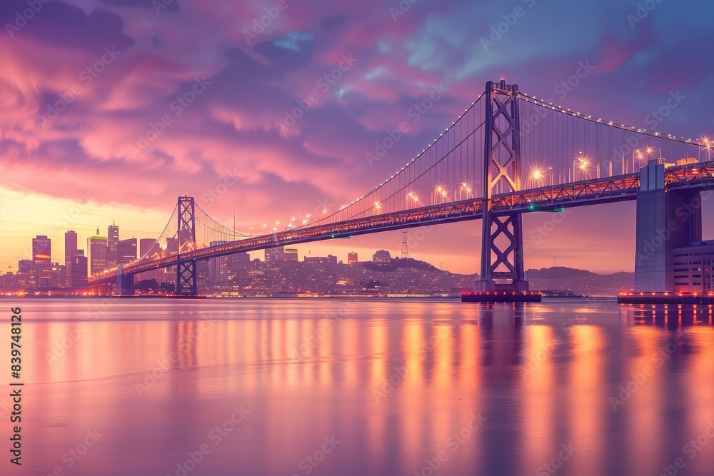 Fototapeta premium San Francisco skyline with Oakland Bay Bridge at sunset, California, USA 