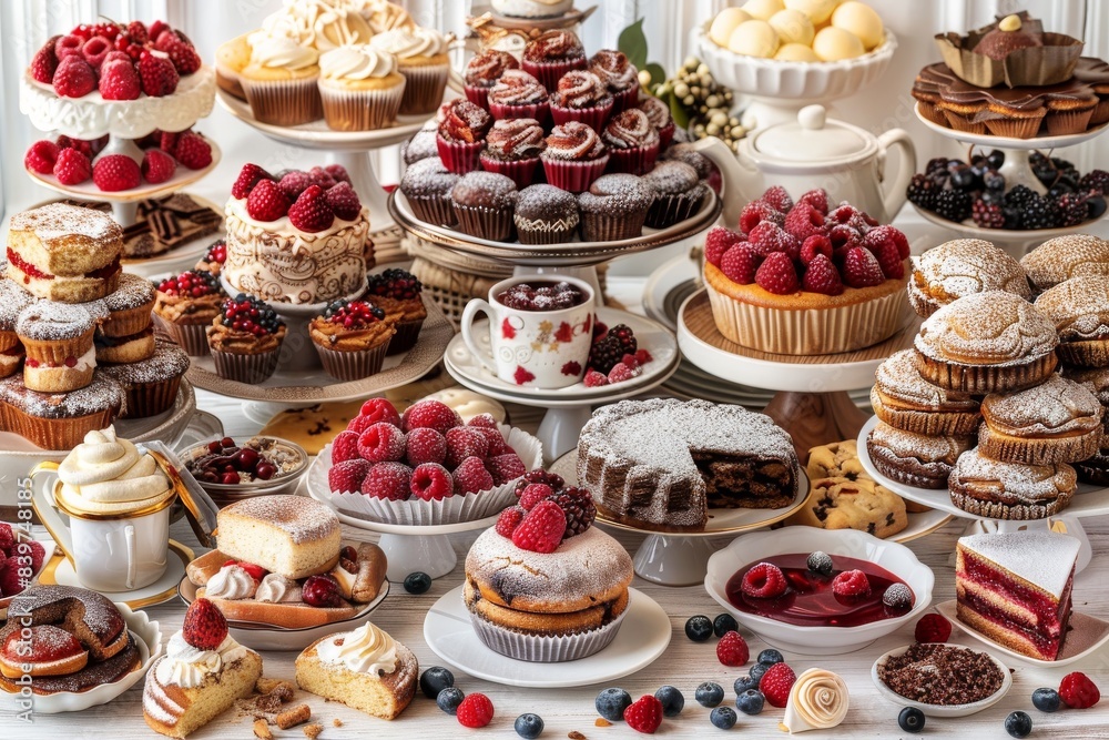 Extravagant dessert buffet with cakes, pastries, and sweets, perfect for weddings or grand celebrations, rich flavors, visually stunning, and indulgent treats, ideal for dessert lovers Extravagant dessert buffet with cakes, pastries, and sweets, perfect for weddings or grand celebrations, rich flavors, visually stunning, and indulgent treats, ideal for dessert lovers