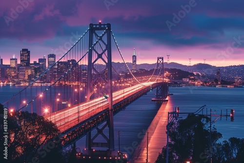 San Francisco skyline with Oakland Bay Bridge at sunset, California, USA 