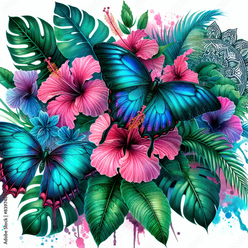 Naklejka premium Butterflies flying around tropical flowers with lush green leaves, creating a colorful nature scene