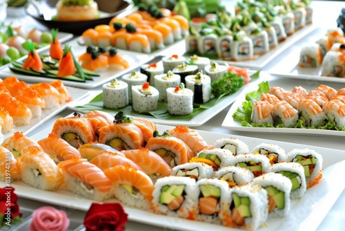 Assorted sushi and sashimi platter, beautifully arranged, perfect for parties, events, or gourmet gatherings, rich flavors, visually appealing, and ideal for sushi lovers