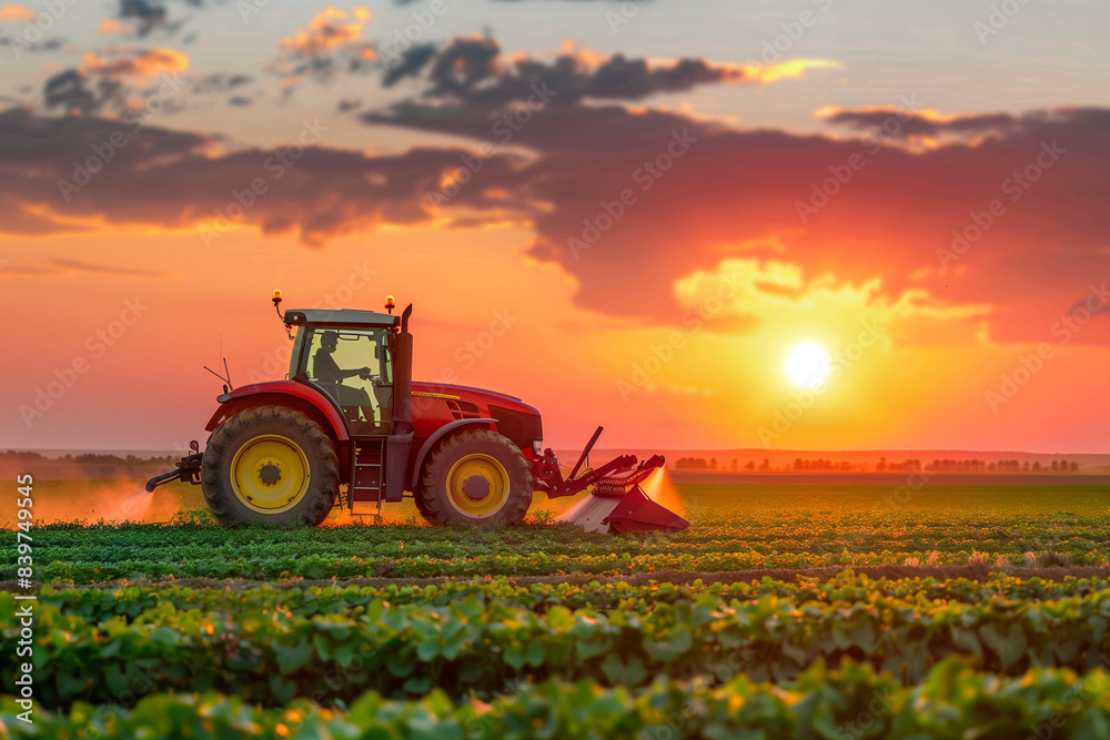 Fototapeta premium Trattore durante l'irrigazione di un campo agricolo al tramonto