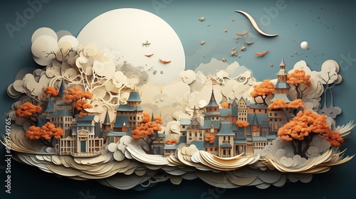 A surreal paper art illustration with floating islands and whimsical elements   © Awais