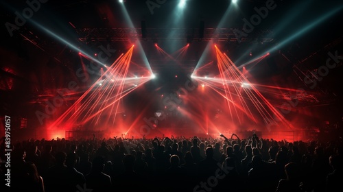 Energetic Concert under Red Laser Lights with Enthusiastic Crowd.