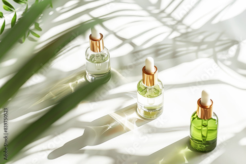 Natural Skincare Oils in the Sunlight Creating Botanical Shadows with ecofriendly elegance photo