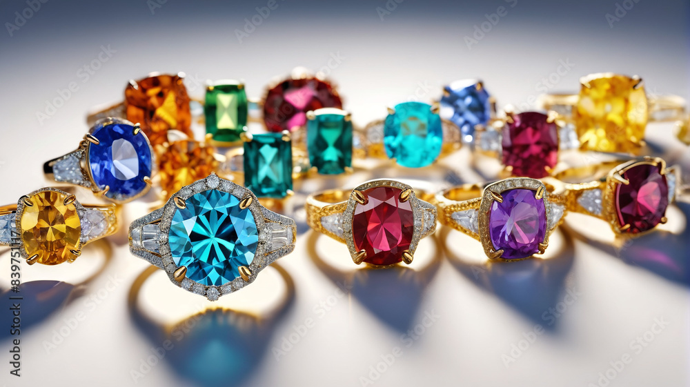Radiant Gems: Collection of Vibrant Gemstone Rings, Showcasing an Array of Colors and Cuts in a Luxurious Setting, Generative AI Radiant Gems: Collection of Vibrant Gemstone Rings, Showcasing an Array of Colors and Cuts in a Luxurious Setting, Generative AI