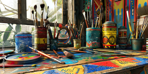 African Tribal Artist's Studio: Colorful desk with traditional instruments and paints, reflecting the cultural heritage of an African artist.