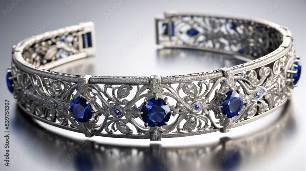 Enchanted Jewels: Collection of Intricate Silver and Sapphire Bracelets, Each Piece Telling a Unique Story, Generative AI Enchanted Jewels: Collection of Intricate Silver and Sapphire Bracelets, Each Piece Telling a Unique Story, Generative AI