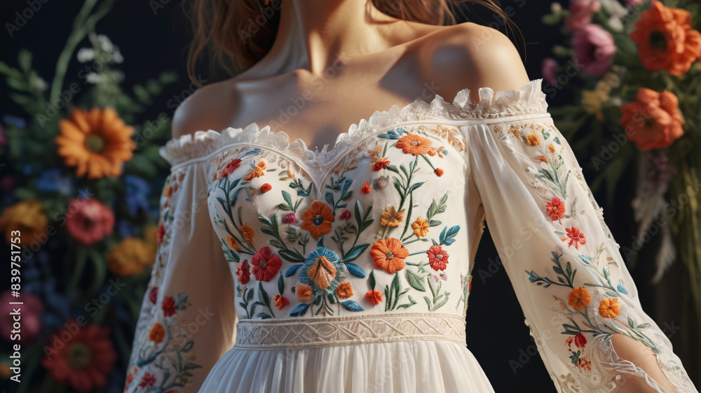 Bohemian Dream: Flowing Boho Wedding Dress with Floral Embroidery and an Off-the-Shoulder Design, Generative AI