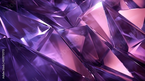 A mesmerizing image of purple geometric crystal formations showcasing shiny textures and multiple facets with brilliant light reflections.