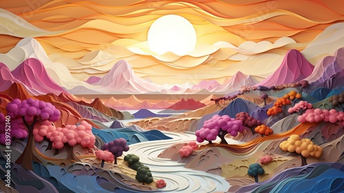 A vibrant paper art illustration of an abstract landscape with hills and valleys 