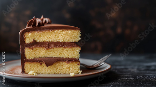 Obraz na płótnie Yellow cake slice with chocolate frosting w salonie