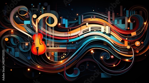 An abstract illustration of music with flowing lines, rhythmic patterns, and vibrant hues 