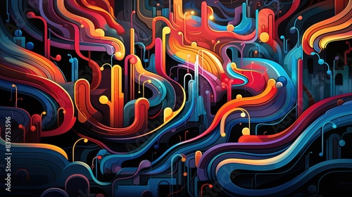 An abstract illustration of music with flowing lines, rhythmic patterns, and vibrant hues 