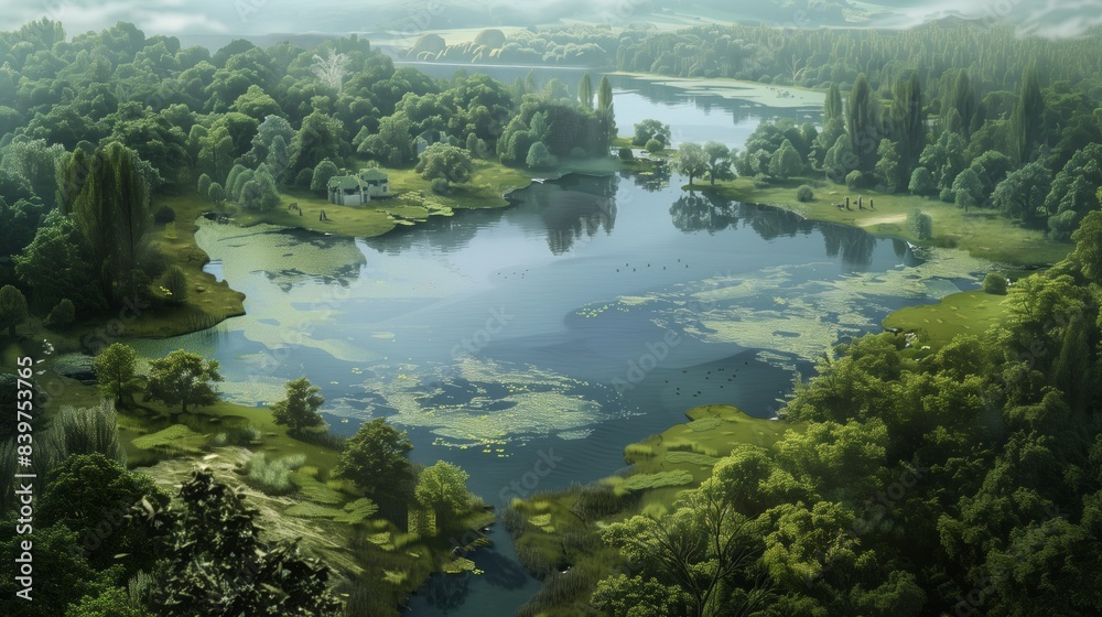 Tranquil lake surrounded by lush forests under a soft morning light. Tranquil lake surrounded by lush forests under a soft morning light.