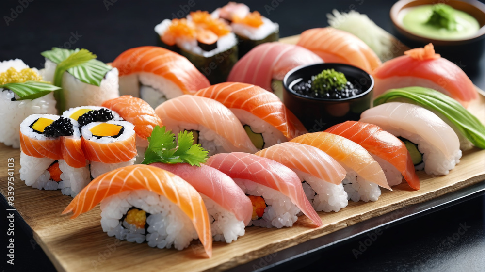 Luxury Sushi Platter: Assorted Sushi with Otoro, Uni, and Caviar, Served with Fresh Wasabi, Generative AI