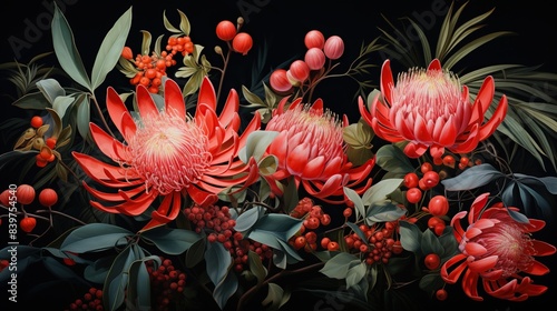 An Australian waratah with bold, red petals and native flora, set in an Australian bushland   photo
