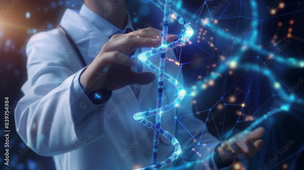 Digital representation of a DNA helix with glowing nodes and connections on a dark background Digital representation of a DNA helix with glowing nodes and connections on a dark background