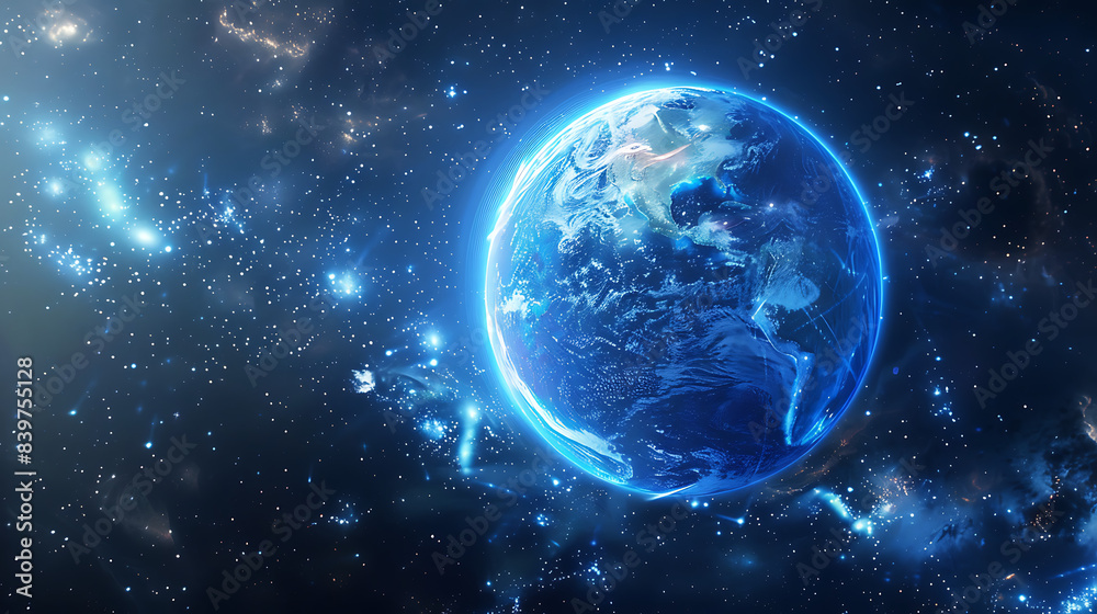 Naklejka premium The image depicts a stylized representation of Earth glowing with blue light against a dark space background