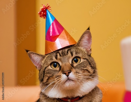 A cat in a bright holiday hat against a background of warm colors. Ideal image for themes related to holidays, birthdays, pets and fun moments. Greeting Cards, Invitations, Christmas photo