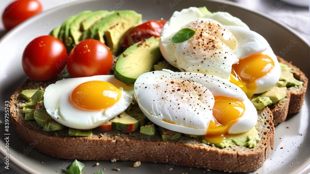 Fresh Avocado Toast: Whole Grain Bread Topped with Sliced Avocado, Poached Eggs, and Cherry Tomatoes, Generative AI Fresh Avocado Toast: Whole Grain Bread Topped with Sliced Avocado, Poached Eggs, and Cherry Tomatoes, Generative AI