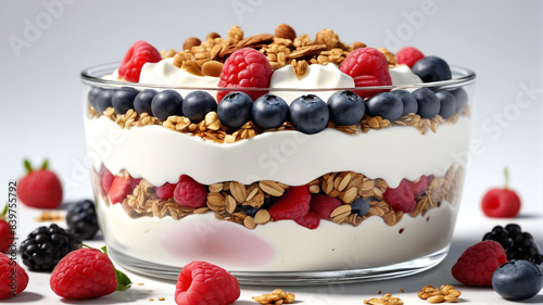 Greek Yogurt Parfait: Layers of Creamy Greek Yogurt, Fresh Berries, Granola, and Honey, Generative AI