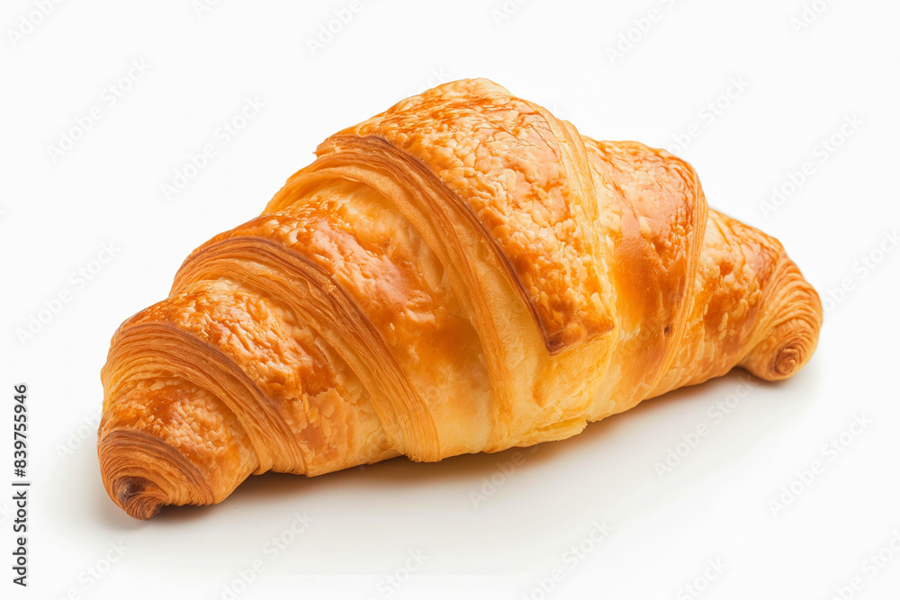 A freshly baked croissant with a golden-brown, flaky crust on a white background. A freshly baked croissant with a golden-brown, flaky crust on a white background.