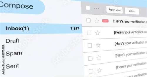 New incoming email with OTP verification code, inbox folder with confirmation password email, interface of mail close up, footage