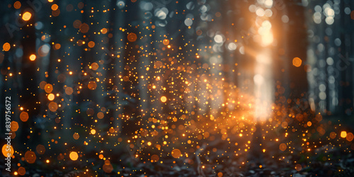 Magical forest scene with glowing fireflies and ethereal light effects photo