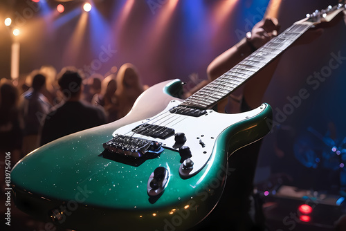 Person holding green guitar photo