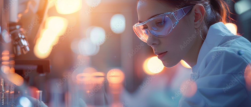 A scientist wearing protective goggles concentrates on an experiment in a high-tech laboratory, illuminated by bright lights and scientific equipment. A scientist wearing protective goggles concentrates on an experiment in a high-tech laboratory, illuminated by bright lights and scientific equipment.