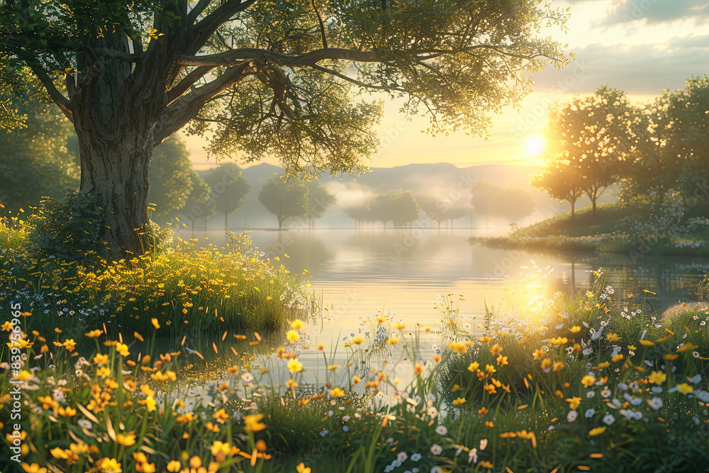 Fototapeta premium Sunrise Over River with Trees