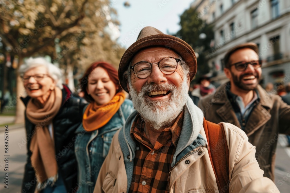 Portrait of smiling senior man with his friends walking in the street