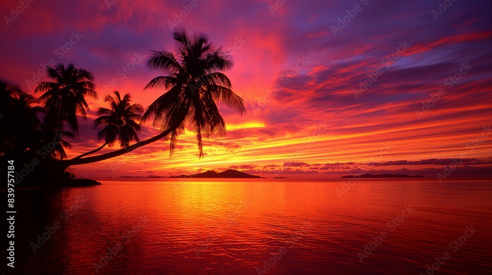 A breathtaking sunset over a tropical beach with silhouetted palm trees, vibrant red and orange hues in the sky reflecting on the calm ocean water, creating a stunning and tranquil scene A breathtaking sunset over a tropical beach with silhouetted palm trees, vibrant red and orange hues in the sky reflecting on the calm ocean water, creating a stunning and tranquil scene