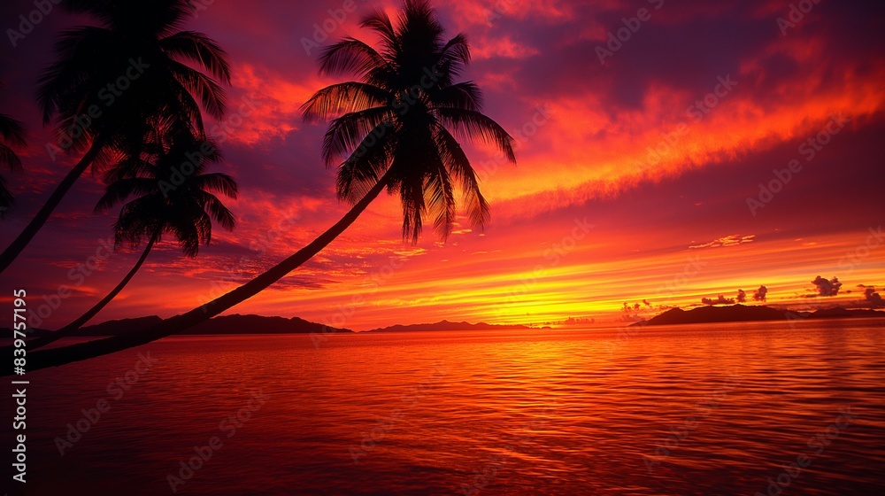 A breathtaking sunset over a tropical beach with silhouetted palm trees, vibrant red and orange hues in the sky reflecting on the calm ocean water, creating a stunning and tranquil scene A breathtaking sunset over a tropical beach with silhouetted palm trees, vibrant red and orange hues in the sky reflecting on the calm ocean water, creating a stunning and tranquil scene
