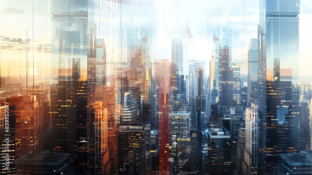 Create a digital rendering of a futuristic cityscape with sleek skyscrapers featuring textured brick accents for a blend of old and new Create a digital rendering of a futuristic cityscape with sleek skyscrapers featuring textured brick accents for a blend of old and new