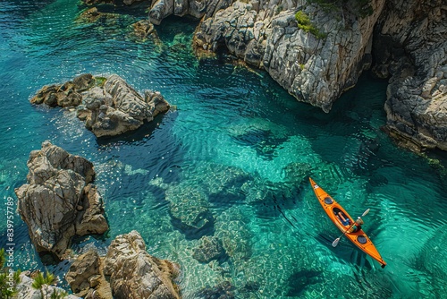 View from the rock cliffs of kayaker exploring the crystal clear Mediterranean waters of a cove off the coast of Dubrovnik, Croatia