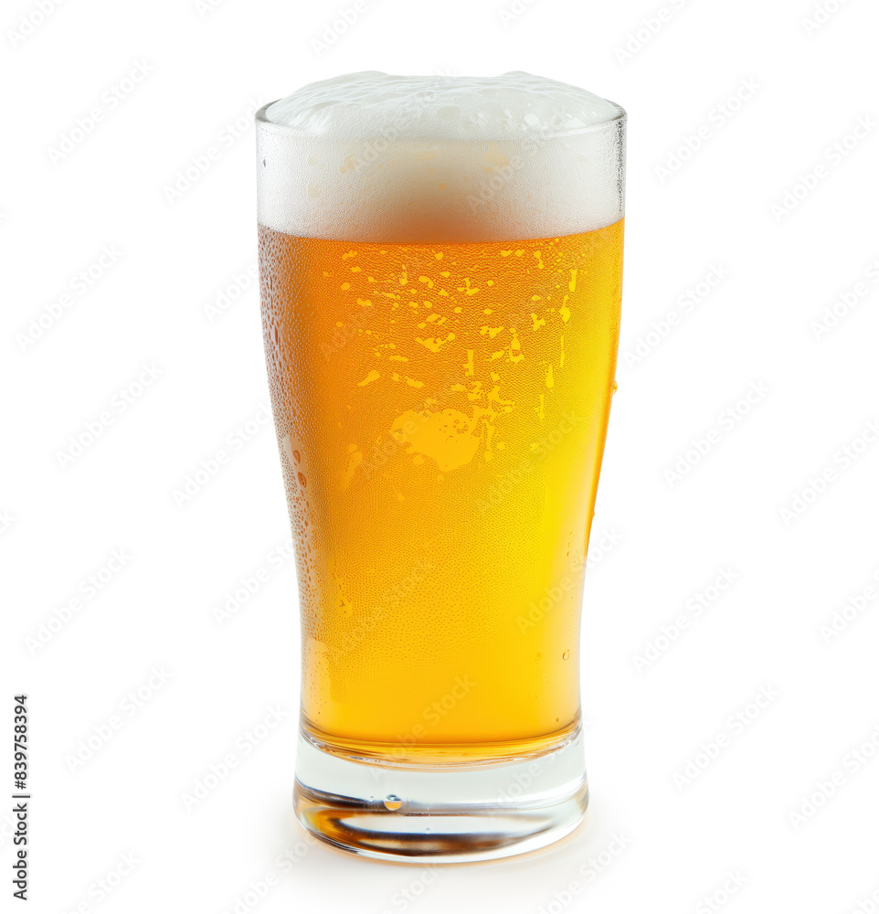 A glass of beer is sitting on a white background A glass of beer is sitting on a white background