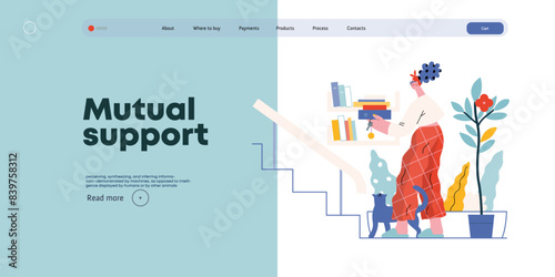 Mutual Support: Book Swap -modern flat vector concept illustration of a woman leaving books on a shelf in hallway for neighbors A metaphor of voluntary, collaborative exchanges of resource, services
