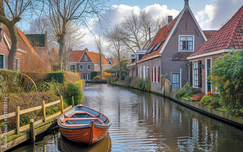 A row of houses with a boat in the middle of the water