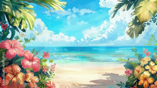 Summer Landscape. A beautiful beach with palm trees and white sand, waves crashing on the shore.