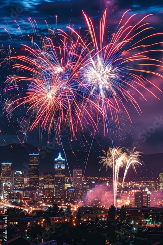 Fireworks over downtown Denver during nighttime celebration, vibrant city skyline and colorful fireworks display © Studium L&M