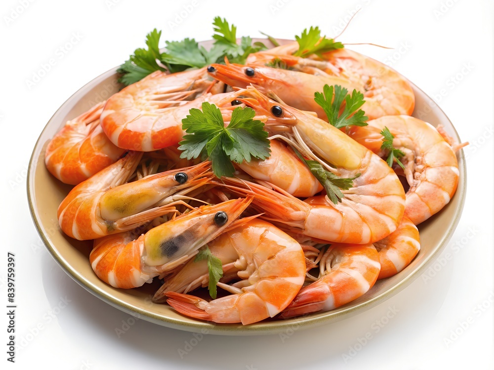Pile of boiled shrimps on the plate on white background. Ai generated