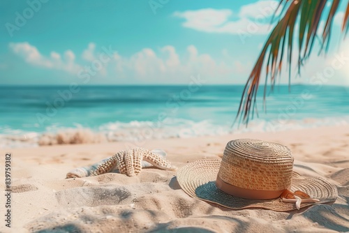 Tropical beach with sunbathing accessories  summer holiday background 